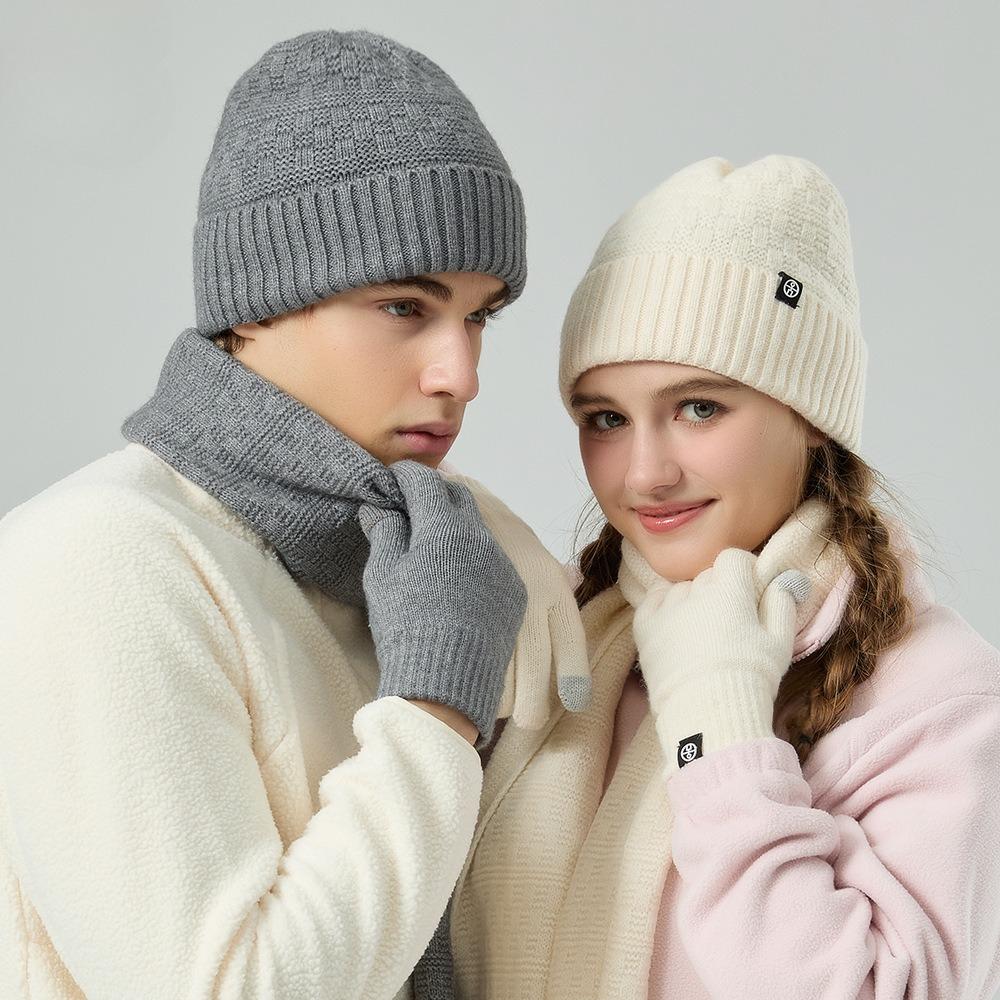 Knitted Suit Autumn and Winter Unisex Outdoor Cycling Windproof Touch Screen Warm Hat Scarf Gloves Three-piece Set