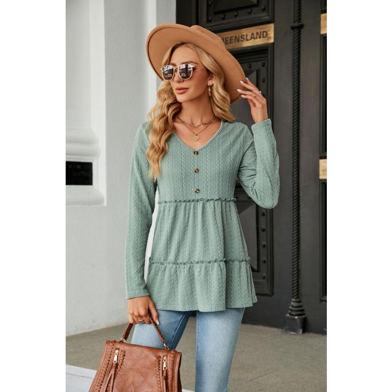 Jarní a podzimní dámská halenka s výstřihem do V Jednobarevný knoflík Patchwork Dlouhý rukáv Volný Top