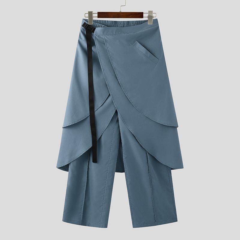 INCERUN Men Elastic Waist Layers Ruffled Pants Casual Irregular Long Trousers