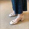 French White Camellia Hollow Bag Head Sandals Women's Summer Square Head Commuting Thick Heel One-word Buckle Shoes