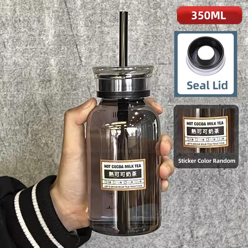 Simple Transparent Glass Water Bottle Time Marker Kids School Leakproof Heat Resistant Glass Juice Milk Tea Drinkware Water Cup With Lid And Sticker