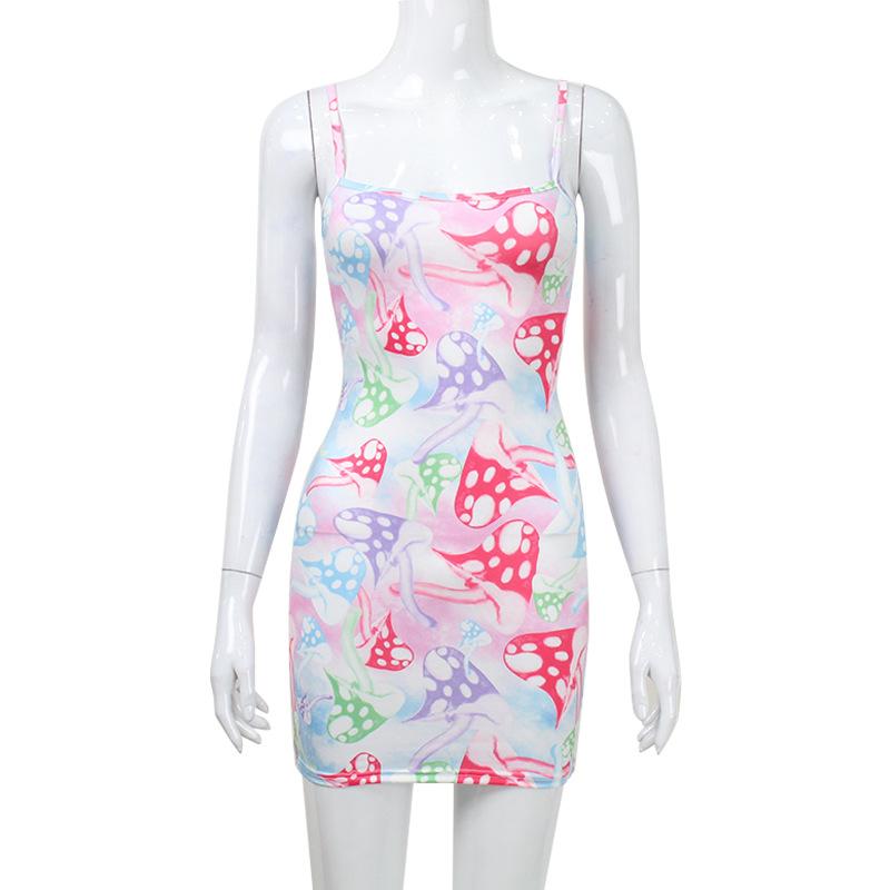 

European and American women s clothing summer suspender dress sexy sweet style plant printing tie-dye hip skirt short skirt women S