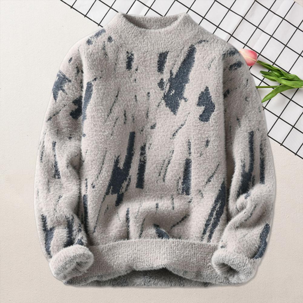 Men Winter Sweater Contrast Color Graffiti Thick Plush Half-high Collar Elastic Knit Long Sleeves Daily Wear School Dating Sweat
