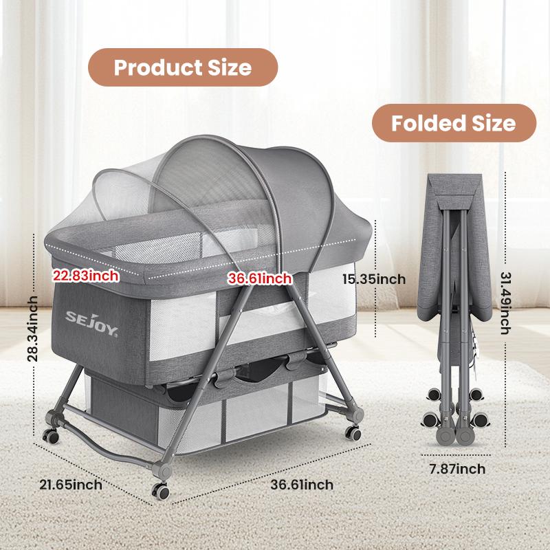 Baby Grab-and-go Travel Cot Crib , Rocking Crib Convertible ulti-function folding With Mosquito Net & Mattress & Silent Wheels