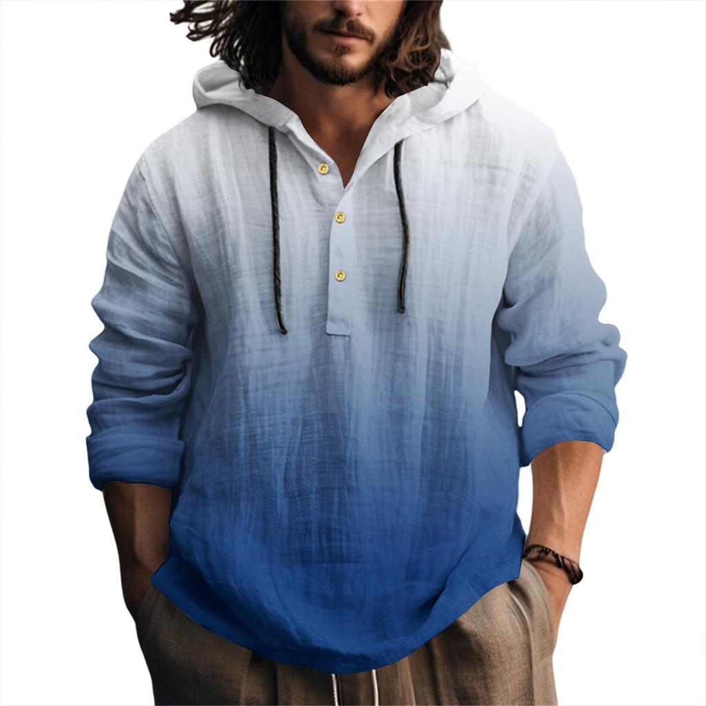 Camicia da Uomo Stampata in Cotone e Lino con Cappuccio a Maniche Lunghe con Cappuccio Primavera ed Estate Casual da Indossare Tutti i Giorni