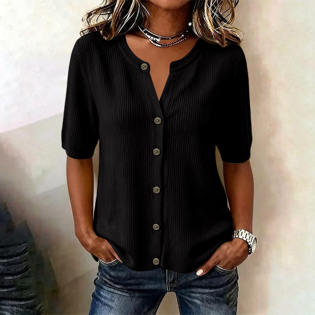 Women Ribbed Knit Short Sleeve Button Up Top V Neck Lightweight Casual Blouse Summer Wear Slim Fit Soft Fabric