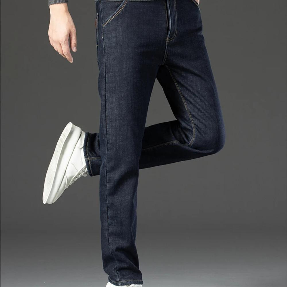 Winter Fleece Thick Jeans Men Business Casual Straight Trousers Male Classic Blue Black Jeans For Men Work Denim Man Pants