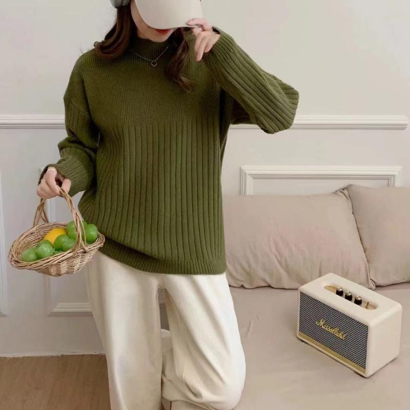 Solid Color Pit Strip Semi-turtleneck Soft Waxy Pullover Knitted Sweater Autumn and Winter New Simple Casual Style Bottoming Sweater Women