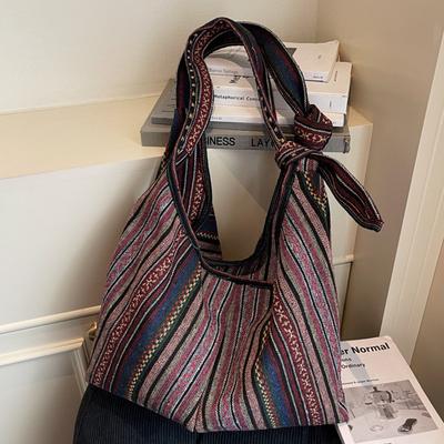 Lazy Ethnic Style Canvas Bag Women's Fashion New Retro Shoulder Bag Large Capacity Tote Bag Striped Messenger Bag