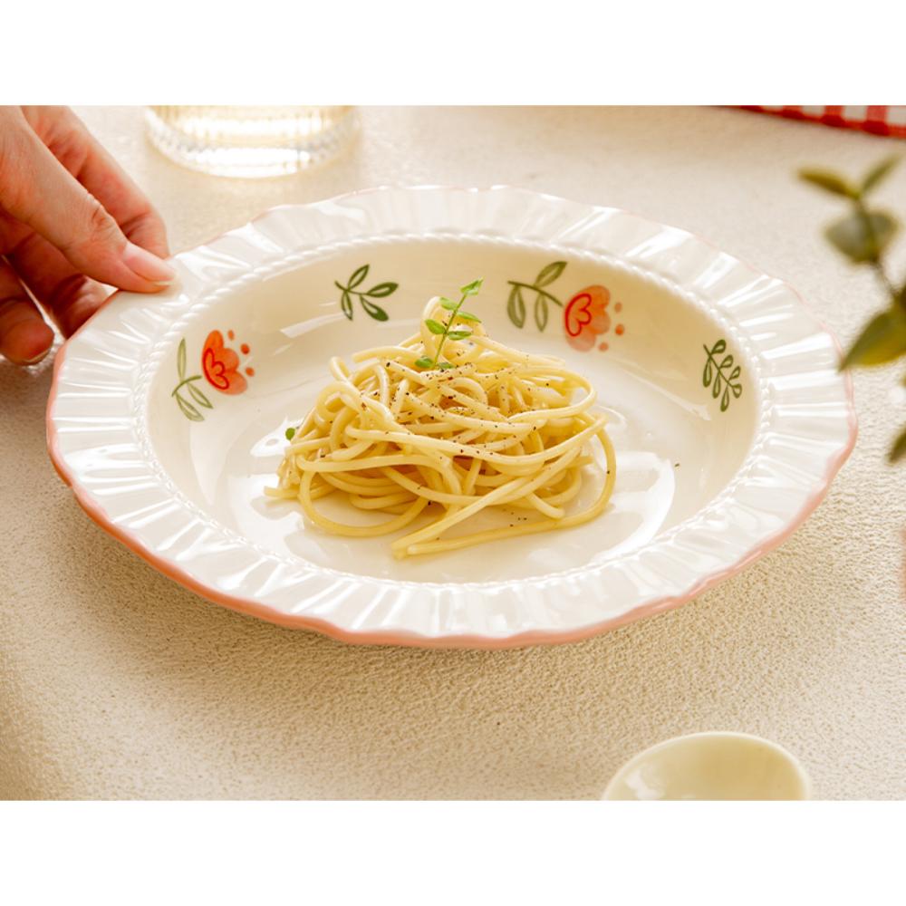 Plato de Cerámica Creativo Estilo Coreano Lindo Floral Hecho a Mano Porcelana Vajilla Pasta Verdura Fruta Ensalada Postre Platos Hondos