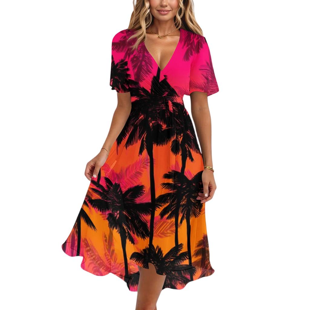 Women V Neck Short Sleeve Casual Dress Retro Floral Print Midi Dress Lightweight Summer Dress with Flared Skirt
