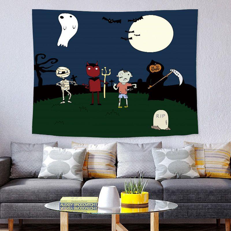 Cartoon Halloween Monster Wall Tapestry Navy Background Ghost Mummy Devil Zombie Pumpkin Grim Reaper RIP Tombstone Bat