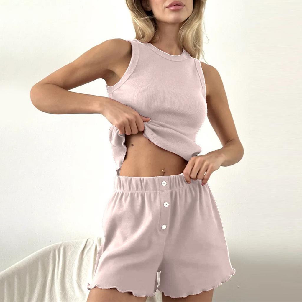 Women's Loose Comfortable Casual Fashionable Solid Color Sleeveless Top Shorts Home Clothes Two-piece Set