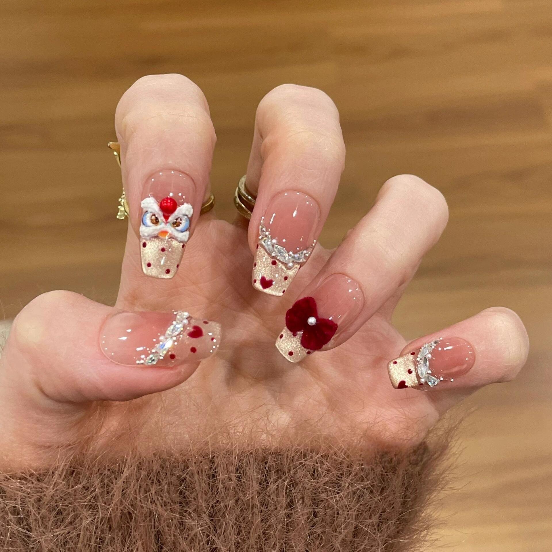 Lion dance red velvet bow pure hand-worn nail love cat eye white nail patch fake nail XS