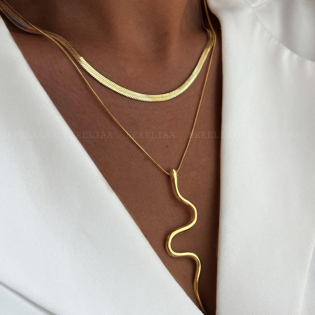 Stainless Steel Animal Pendant Retro-style Necklace, Personalized Minimalist Snake-shaped Pendant Snake Bone Chain Necklace золотистый