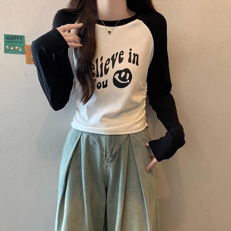 

Футболка женская с короткими рукавами и круглым вырезом, с рукавами реглан, с принтом букв, с плиссировкой на талии, с короткими рукавами, верхняя часть рубашки на осень XL