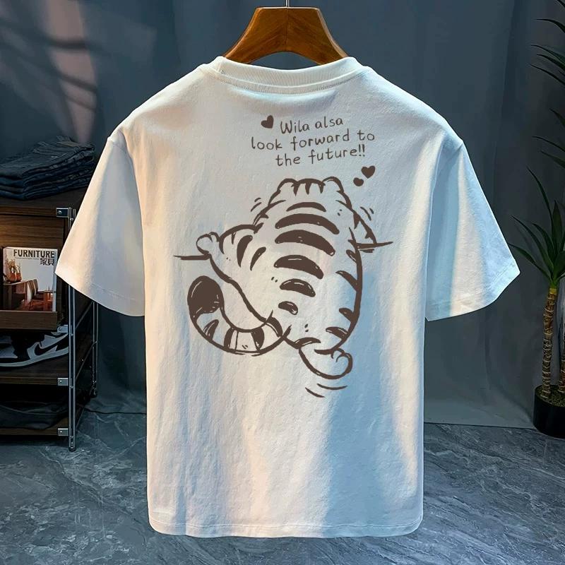 Round Neck Trendy Tops, Fashionable and Versatile Men's T-shirts, Loose Printed Short Sleeves for Couples Cotton