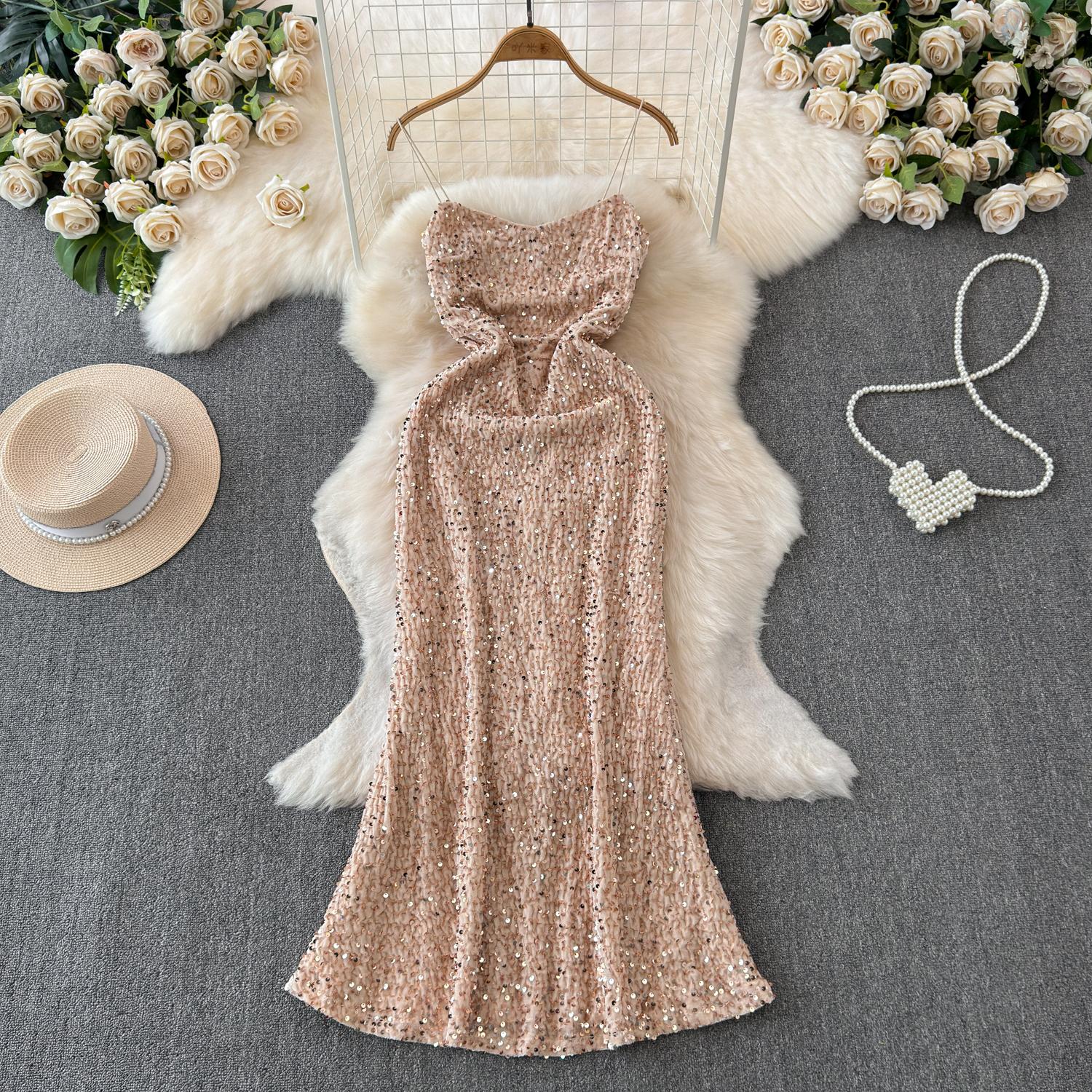 

Сексуальные красные платья-бретельки с пайетками, женские однотонные облегающие платья без рукавов с v-образным вырезом, вечернее платье с ягодицами, рыбий хвост, Vestidos S абрикосовый