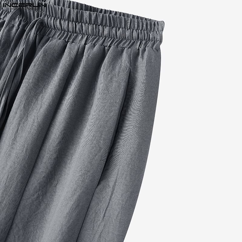 INCERUN Men Drawstring Elastic Waist Flimsy Drapey Casual Long Wide Leg Pants Trousers