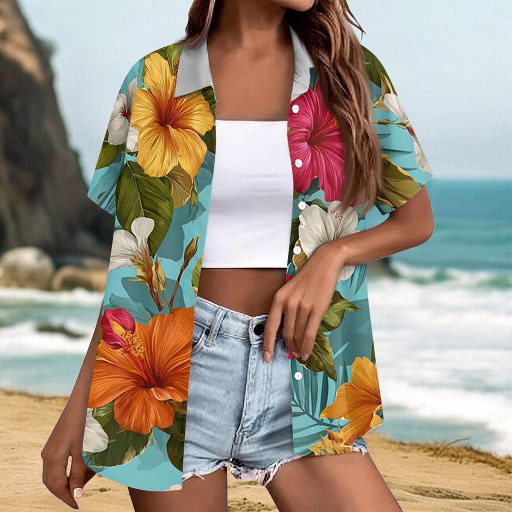 Women's fashionable casual Hawaiian print short-sleeved button-down collar shirt top