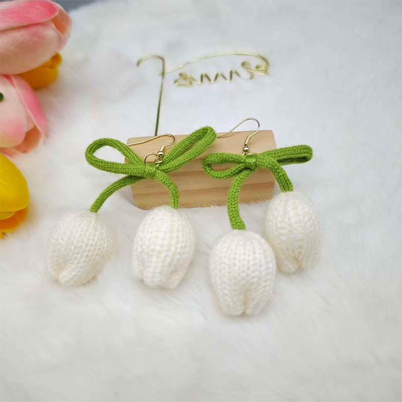 Charming Tulip Flower Knitted Wool Earrings for Women