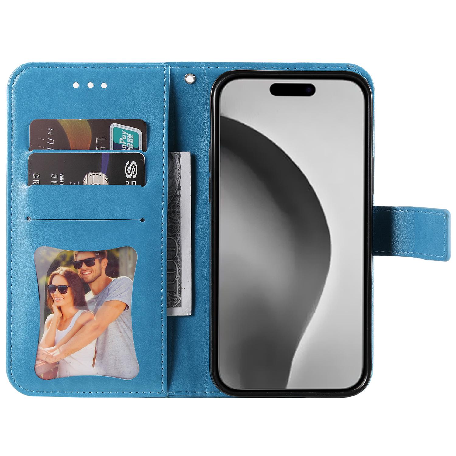 

For iPhone 16 Pro Max Case Floral Pattern PU Leather Wallet Stand Phone Cover Blue