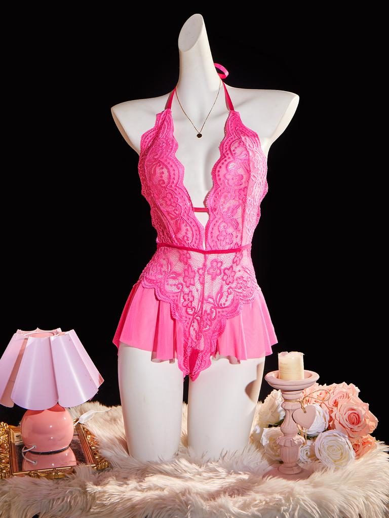 Summer Adult Hot Selling Women's Lace Sexy Uniform Erotic Red Backless Fashionable And Beautiful Semi Transparent Jumpsuit