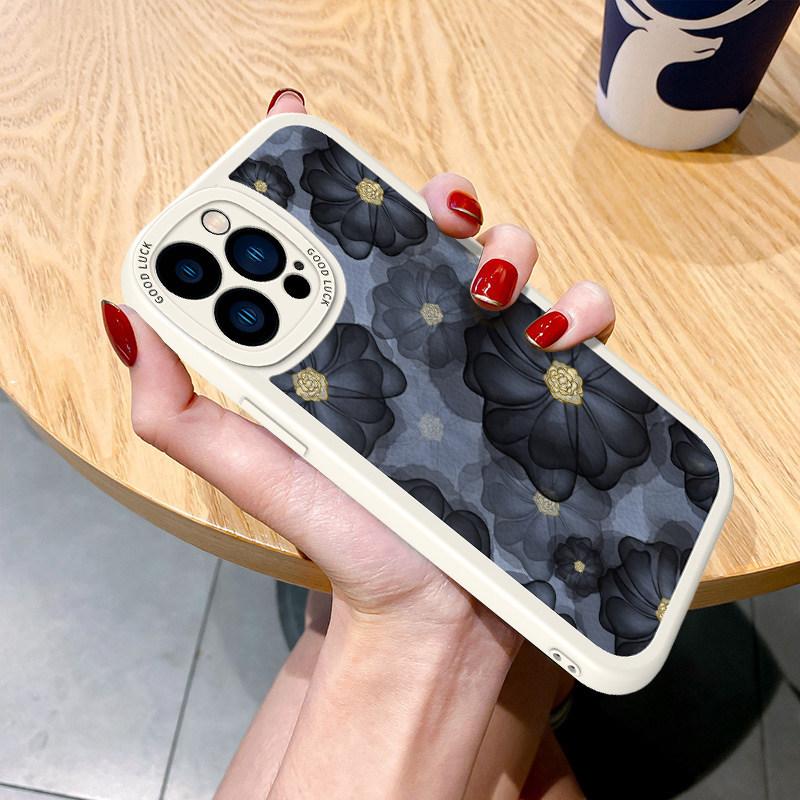 Leather Pattern Apple 17 Mobile Phone Protective Case Personalized Camellia iPhone16promax All-inclusive 13mini Soft Silicone
