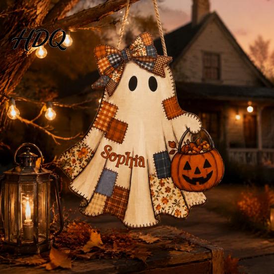 Unique Halloween Souvenir Gifts Wooden Patchwork Ghost Pendant Vintage Autumn Harvest Hanging Sign Cute Door Sign Pendant with Rope for Home