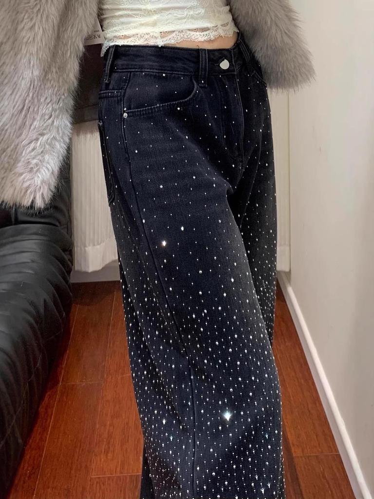 Women's and Girls' Retro Distressed Rhinestone Wide-Leg Jeans, Spicy Girl Fashion