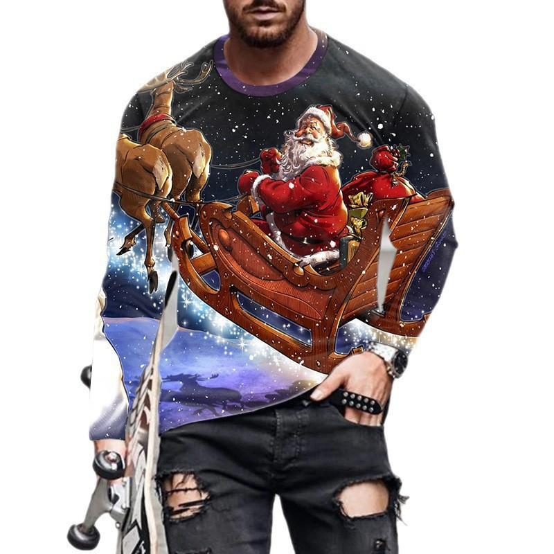 Herren T-Shirts Weihnachten Herren Neu Rundhals Langarm Street Fashion 3D Gedrucktes Herren T-Shirt