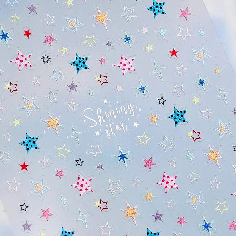 Colorful Five-pointed Star Gird Polka Dot Line Bowknot Cherry 5D Shiny Nail Art Stickers Self Adhesive Decoration Manicure Decal