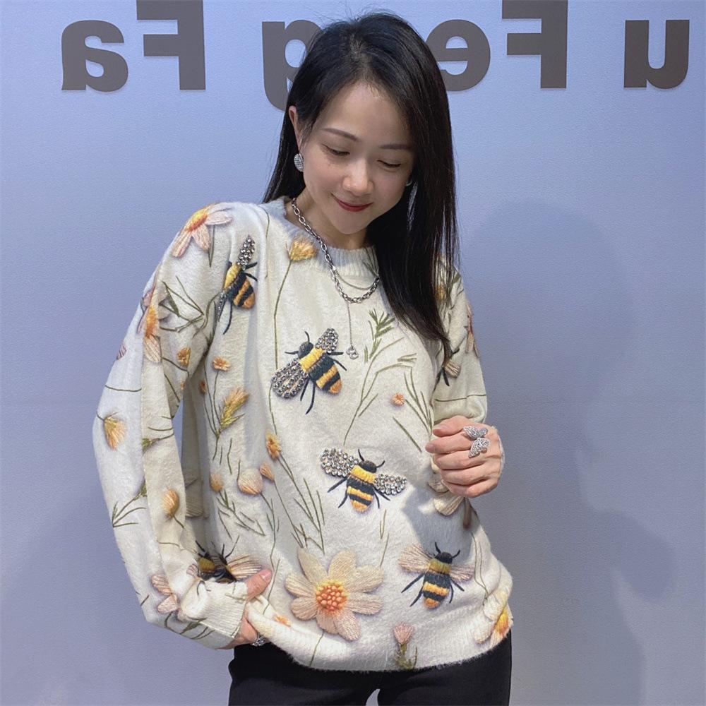 

Winter New Style Waterfowl Fur Heavy-duty Beaded Knitted Sweater with Long Sleeves and Round Neck for Women s Top. one size абрикосовый