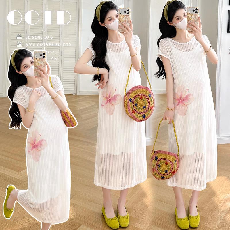 Summer 2026 Korean Style Maternity Dress Set: Elegant White French Spaghetti Strap Two-Piece