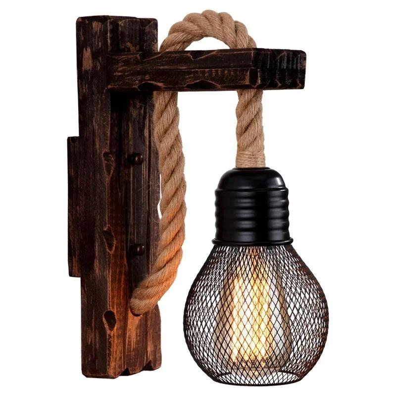 Retro Natural Wood Hemp Rope Wall Light Retro Industrial Wall Pendant Lamp for Bar Bedside Restaurant Bedroom Coffee American