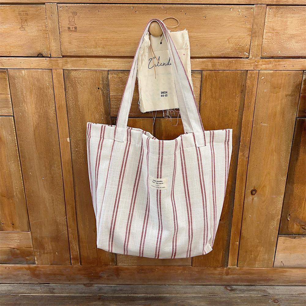 Fashionable Korean Large Capacity Striped Canvas Tote Bag For Spring Summer