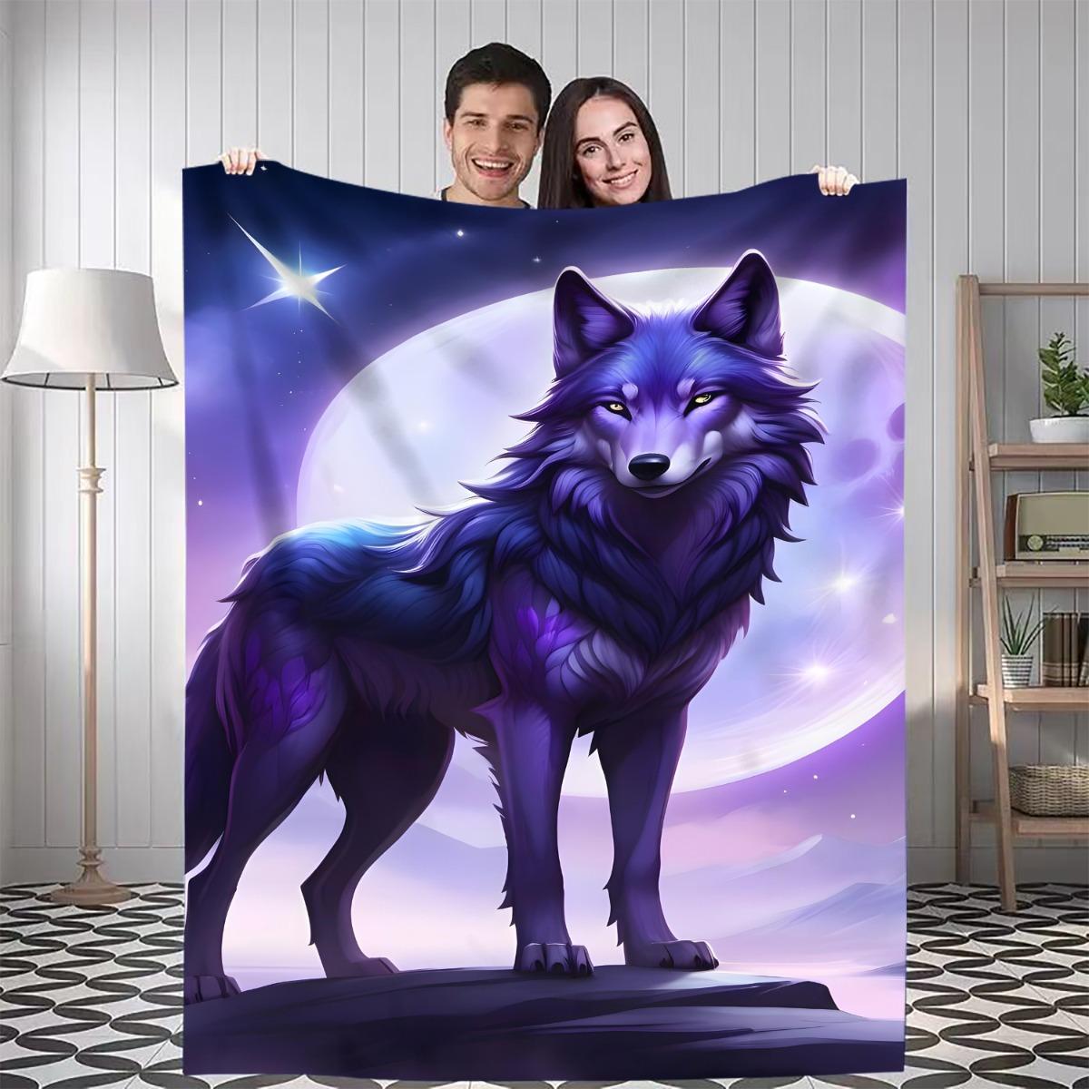 

1pc Purple Wolf Digital Printed Design Blanket - All-Season Soft Flannel Throw with Celestial Moon & Stars, Contemporary Geometr 75x90cm28x35in