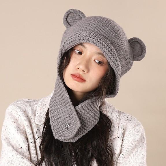 

Angola red cute bear hat female Korean version i thermal ear protection hat autumn and winter knitted big head circumference headgear One size сірий колір