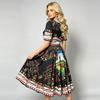 Marka Fashioni Letnia Vintage Sukienka Midi Damska Krótki Rękaw Okrągły Dekolt Empire Kwiatowy Wzór Długa Sukienka na Plażę Imprezę Wieczorową
