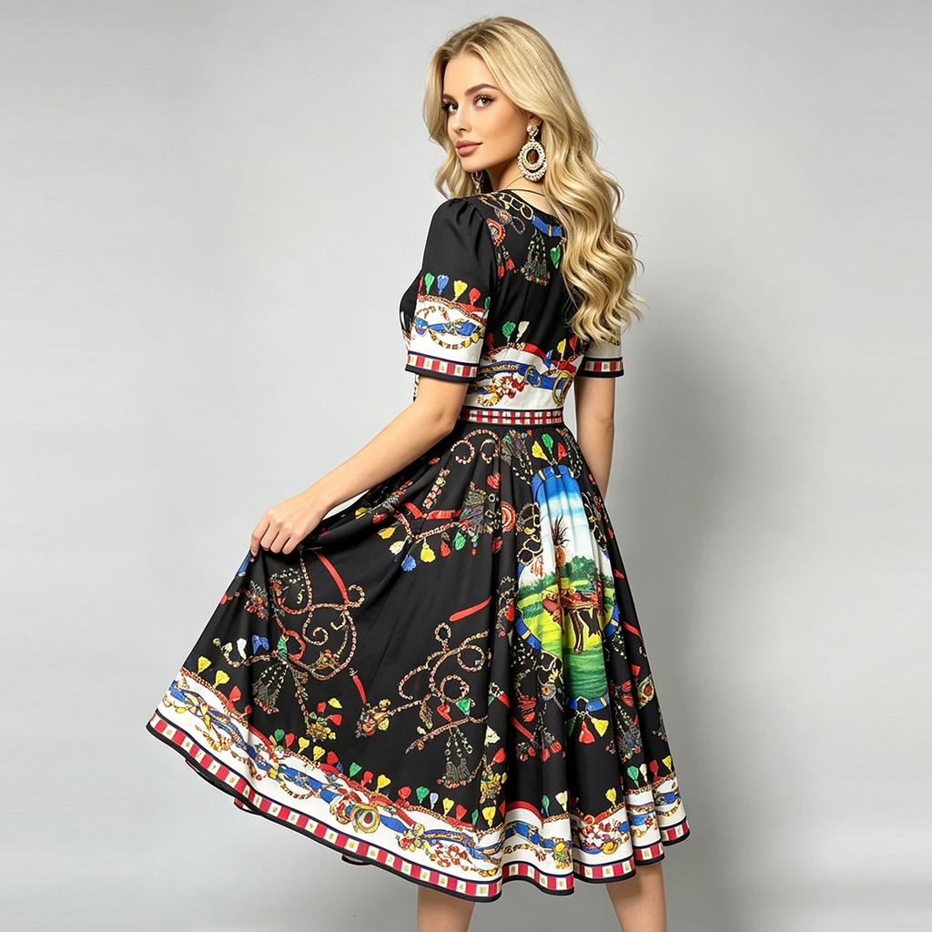 Marka Fashioni Letnia Vintage Sukienka Midi Damska Krótki Rękaw Okrągły Dekolt Empire Kwiatowy Wzór Długa Sukienka na Plażę Imprezę Wieczorową