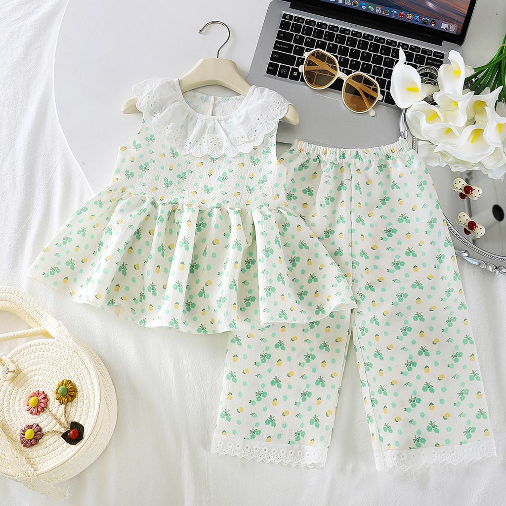 Girl Summer Floral Twopiece Outfit With Soft Polyester Fabric For Toddler Playwear