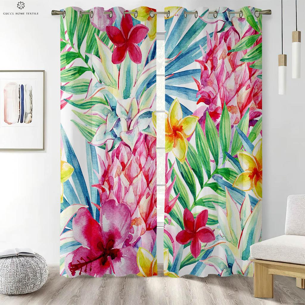 2Pcs Tropical Plant Leaves Printed Curtains 100% Polyester Machine Washable Bedroom Living Room Kitchen Decorative Curtains