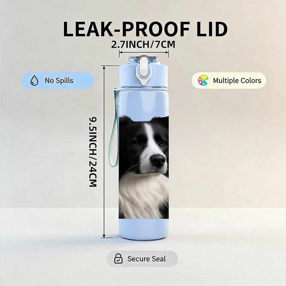 1PC Black White Border Collie Dog 750ml Color Plastic Sports Water Bottle Leakproof Flip Straw Lid Suitable for Sports Office Home Use