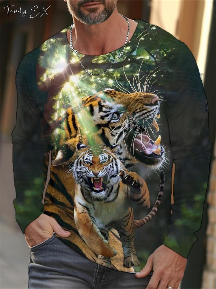 Hot selling 3D tiger print men's street trendy round neck long sleeved T-shirt