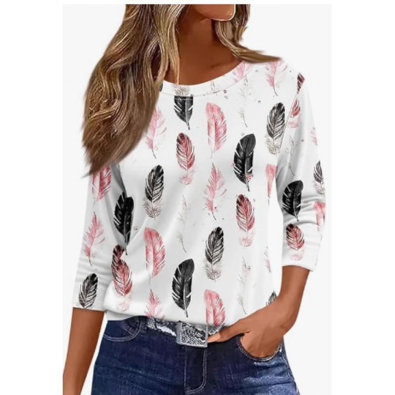 Spring and Summer New Women's Slim Fit Imitation Cotton Round Neck Printed Solid Color Three-quarter Sleeve Long Sleeve