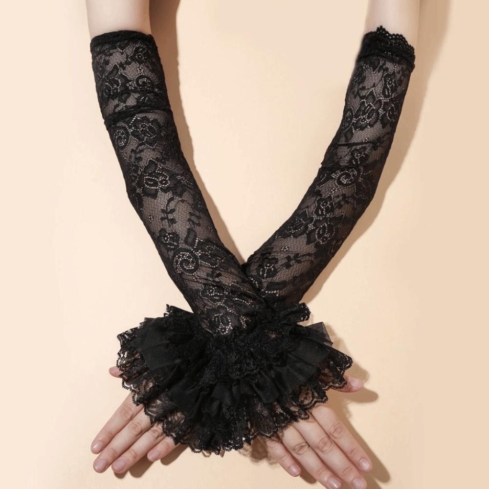 Elastic Sun Protection Sleeve Hollow Long Sleeved Arm Cover Sweet Lace Ice Silk Sleeves  Girl