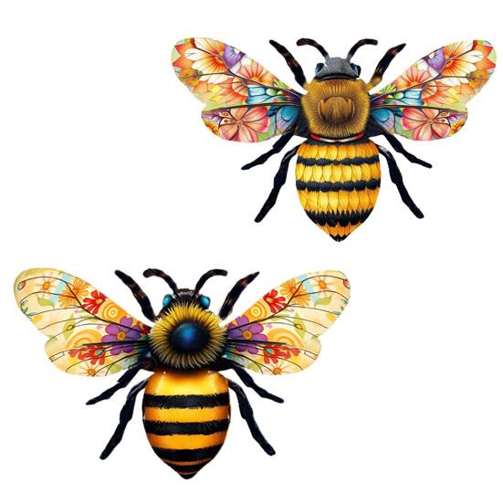 Metal Bee Wall Art Outdoor Large Bee Wall Hanging Sculpture with Floral Wings for Garden Patio Yard Lawn Fence Decor