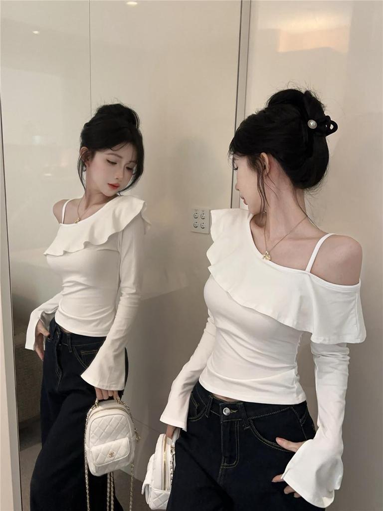 Korean Style Ruffle One-Shoulder Slimming Long-Sleeve Camisole - Women's Sweet & Spicy Autumn Fashion Top