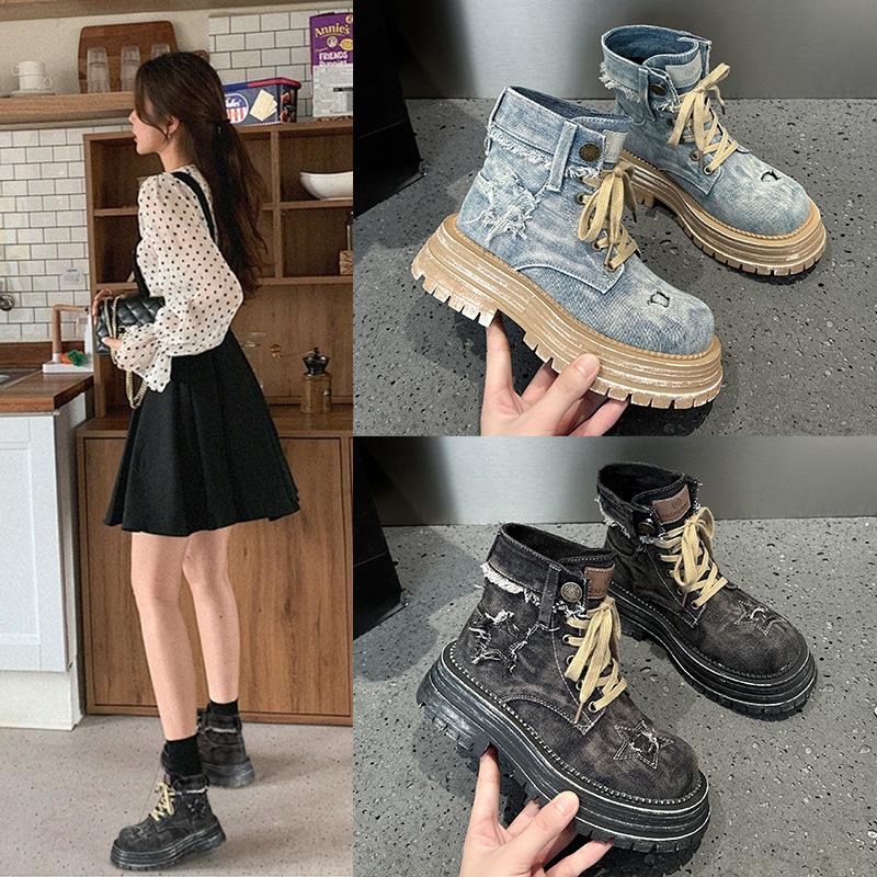 Fashion Denim Boots Autumn Thick Soled Workwear Retro Motorcycle Short Boots Made of Old Denim Boots for Women