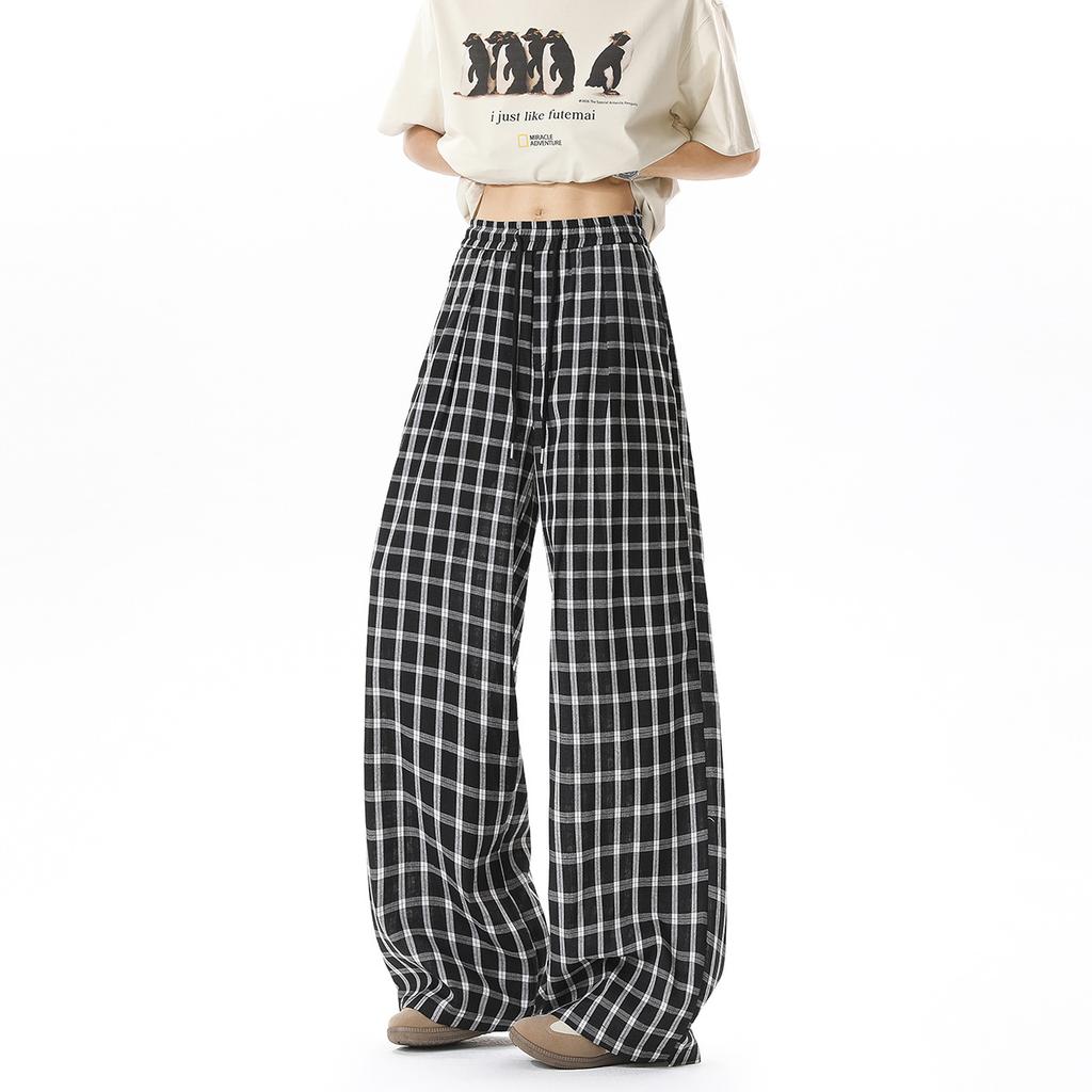 American retro lazy plaid pants men's summer thin loose slim pants straight wide-leg casual pants